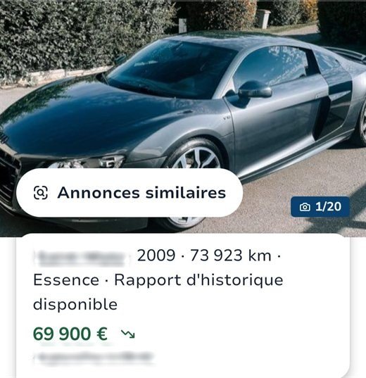 Une annonce d'Audi R8 affichée à 69 900 €